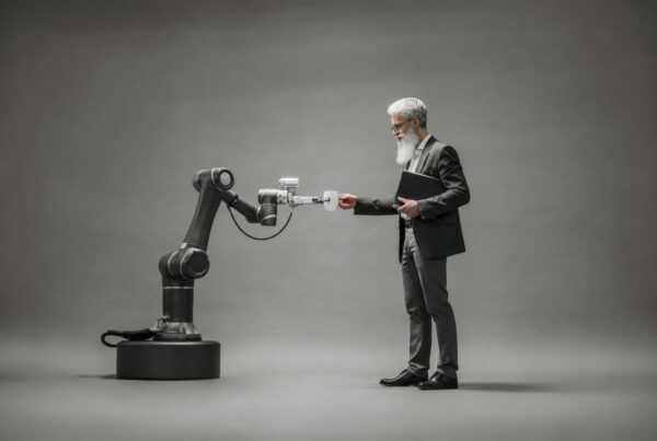 Robotic arm handing a coffee mug to a business professional, representing AI automation helping with repetitive work