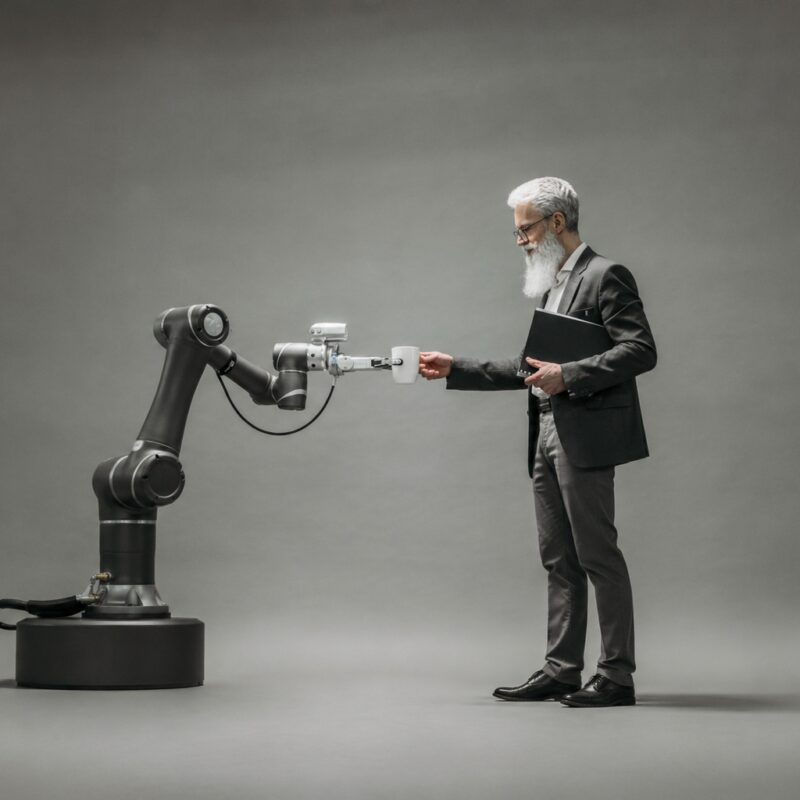 Robotic arm handing a coffee mug to a business professional, representing AI automation helping with repetitive work